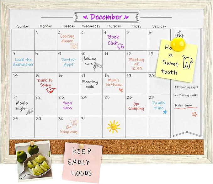 Dry Erase Calendar Whiteboard for Wall, Small Combination Magnetic Dry Erase White Board & Bulletin Board, 13" x 17"，White Frame Calendar/Cork Combo Board(WH-3343)
