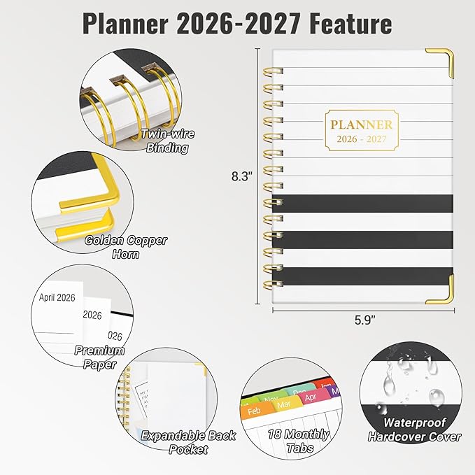 Daily Planner 2026-2027, 18 Month Planner with Tabs, January 2026 - June 2027 Weekly and Monthly Academic Year Calendar Spiral Time Management, 100GSM Thick Paper, Twin-Wire Binding, A5 Size, Black and white stripes