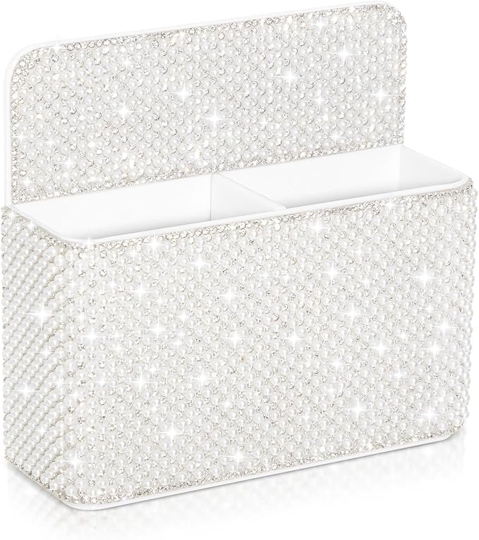 MotiMind White Locker Accessories for Girls, Bling Magnetic Pen Holder for Refrigerator, Back to School Rhinestone Marker Holder for Locker, Sparkly Gift for Student (Medium,Pearl)