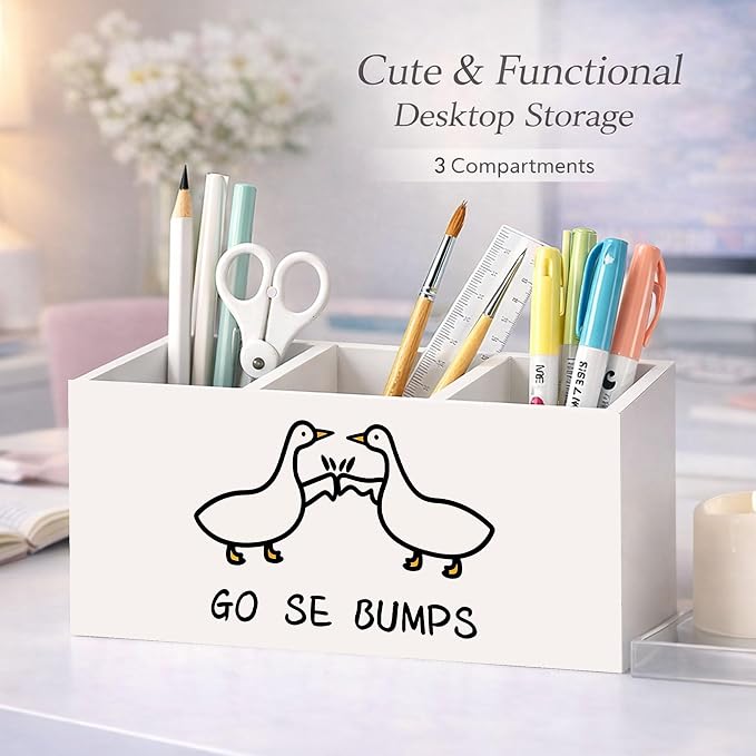 Goose Wooden Desk Organizer, Cute Goose Design Pen Pencil Holder with 3 Compartments, Decorative Office Supply Storage Box for Desk, Home, Office, Gift for Animal Lovers