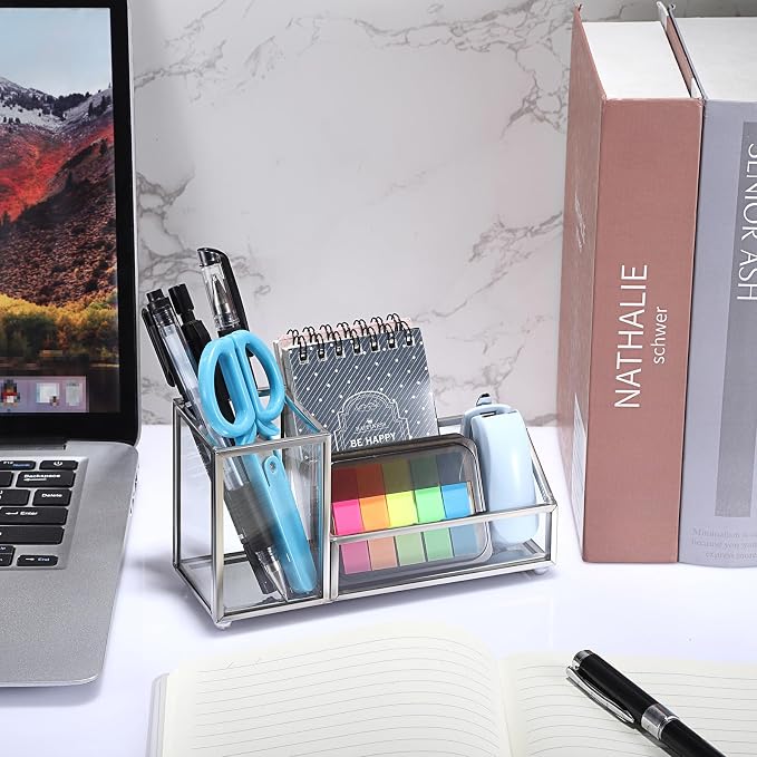 Hipiwe Glass Business Card Holder Metal Pen Pencil Storage Holder for Desk Clear Business Card Display Organizer Case for Office Home,2 Slots,Silver