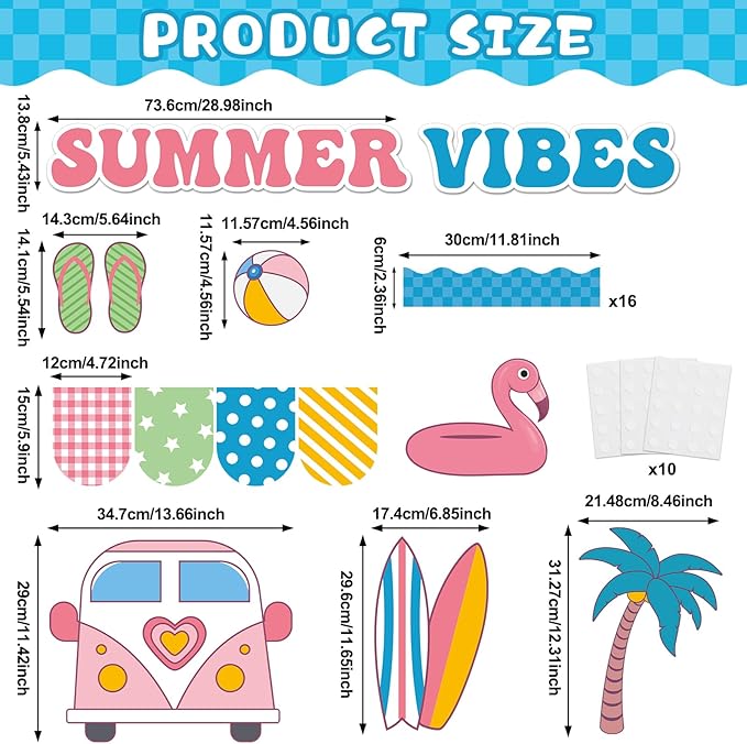 QOUBAI Hello Summer Bulletin Board Set Beach Theme Classroom Bulletin Board Decorations Surfing Tropical Palm Cutouts for Back to School Bus Teacher Supplies Nursery Home Chalkboard Wall Door Decor
