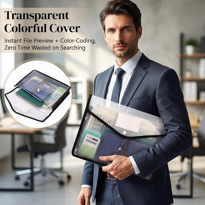 Handepo 50 PCS Plastic Expanding File Folder Bulk - A4 Size Colorful Transparent Large-Capacity Portable Documents Envelopes with Snap Closure for Office, Business, School Supplies - No Dividers