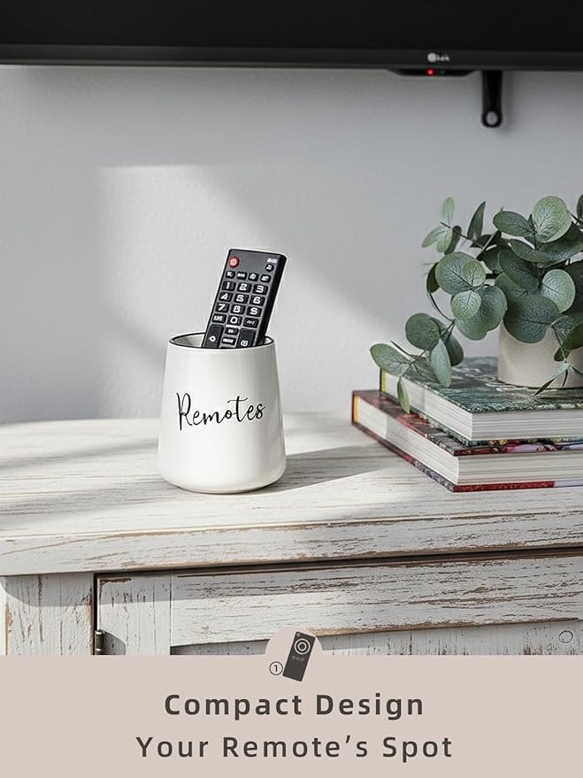 LEETOYI Ceramic Remote Control Holder, 4.1" Remote Caddy Storage, Makeup Brush Holder, Media Controllers Organizer for Living Room, Table, Bedroom & Office (White)