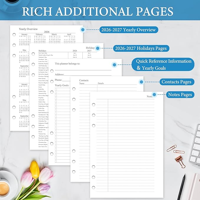 2026-2027 Monthly Planner Refill, A5 Medium Planner Inserts for 6 Holes, 5.5"x8.5", Jul. 2026 - Dec. 2027, 12 Monthly Calendars with Laminated Tabs, 6-Hole Punched