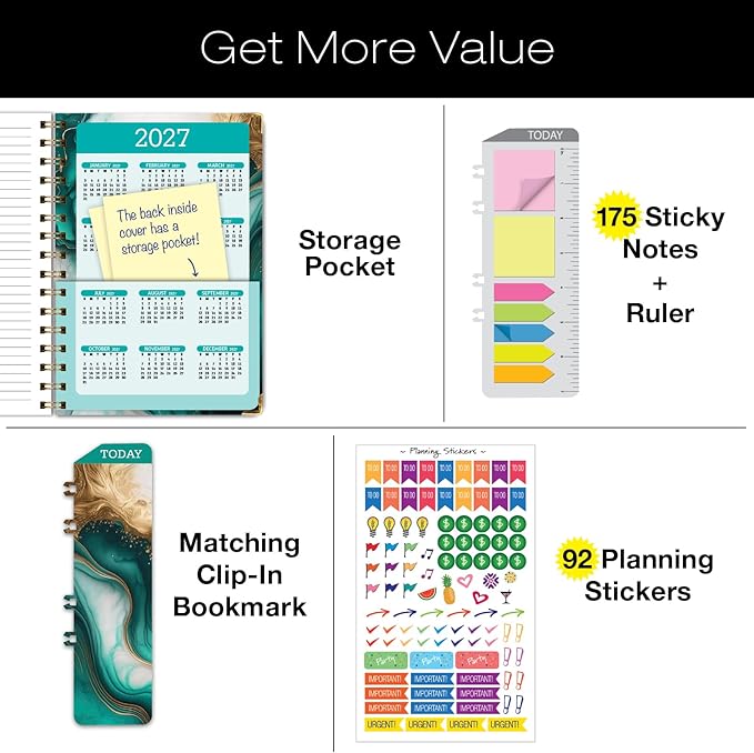 HARDCOVER Academic Year 2026-2027 Planner: 14 Months (May 2026 Through June 2027) 5.5"x 8" Daily Weekly Monthly Planner Yearly Agenda. Bookmark, Pocket Folder and Sticky Note Set (Teal Gold Marble)