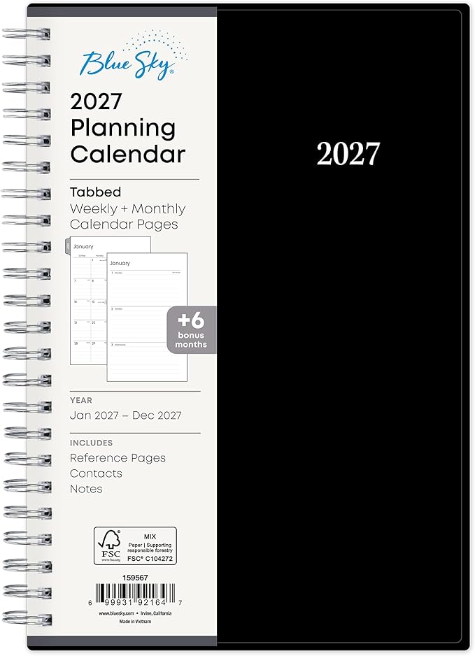 Blue Sky 2027 Weekly and Monthly Planner Calendar, Includes January 2027 - December 2027, 5" x 8", Flexible Cover, Wirebound, Laminated Tabs, Enterprise