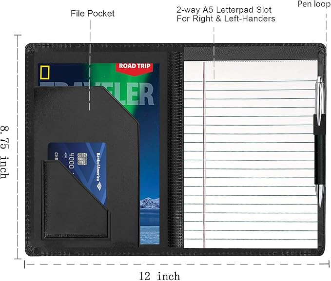 Junior Padfolio Folder - A5 Portfolio Binder Case with 5 x 8 Writing Pad and Interior Storage Pocket Executive Business Organizer for Men Women, Black