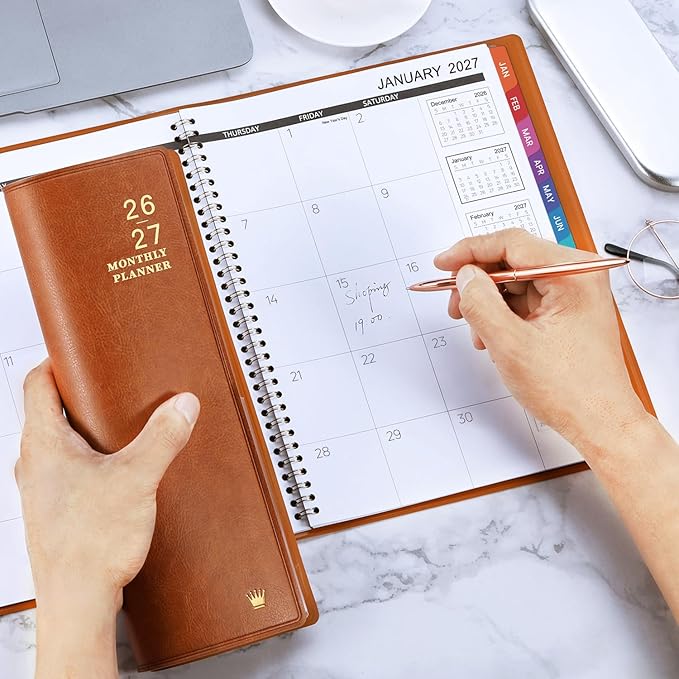 2026-2027 Monthly Planner - 2026-2027 Calendar/Planner 18 Months with Faux Leather, 8.86" x 11.4", Jul. 2026 - Dec. 2027, 15 Notes Pages, Strong Twin - Wire Binding, Pocket, Monthly Tabs, Perfect Organizer