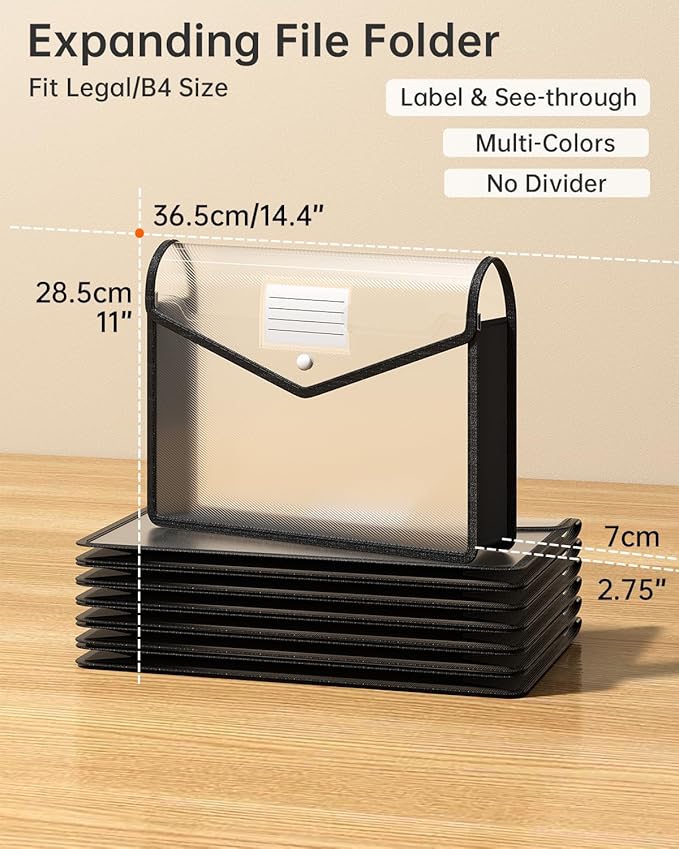 7 Pack Plastic Expanding File Folder, Transparent Envelopes with Snap Closure, No Dividers, Large Capacity, Black File Folder Organizer Holder, Bills&Taxes, Legal/B4 Size for School/Office/Home