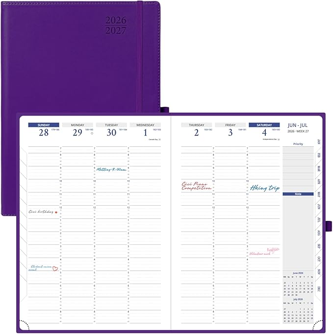 POPRUN 2026 Planner - Weekly And Monthly Planner (A4 Size 8.25'' x 11.75''), 15-Minute Hourly Planner & Appointment Book (Jan 2026 - Dec 2027), Monthly Tabs, Inner-pocket - Purple