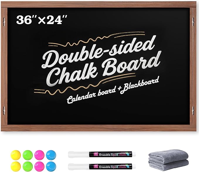 2-in-1 Double-Sided Magnetic Chalkboard 36"x24", Chalk Calendar Board & Large Blackboard for Kitchen & Home Decor, Schedule, Menu, Back-to-School Gift - Hanging Chalk Board with 2 Liquid Pens, Brown