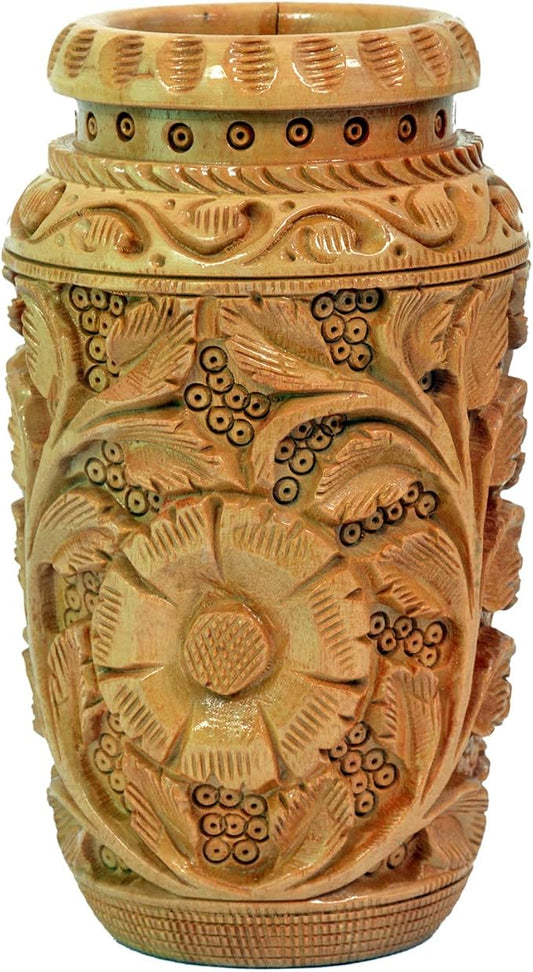 Craft Trade Hand Carved Wooden Pen Holder Desk Organizer, Floral Design Pencil Holder Cup for Office Home School, Wood Stationery Storage Box, Desk Decor, Brown
