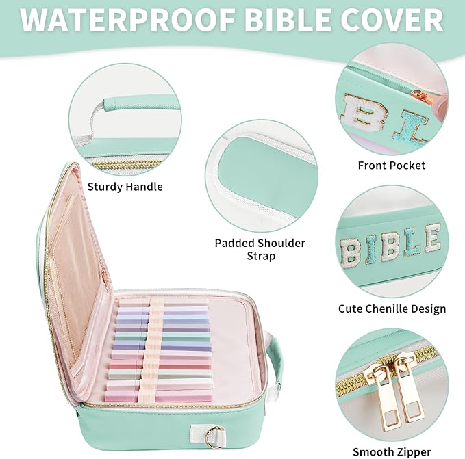 KOPKOFT Bible Cover Case for Women, Large Chenille Letter Leather Bible Case with Bible Study Accessories, Bible Study Supplies Bible Journaling Kit, Christmas Christian Gift for Women Girls (Green)