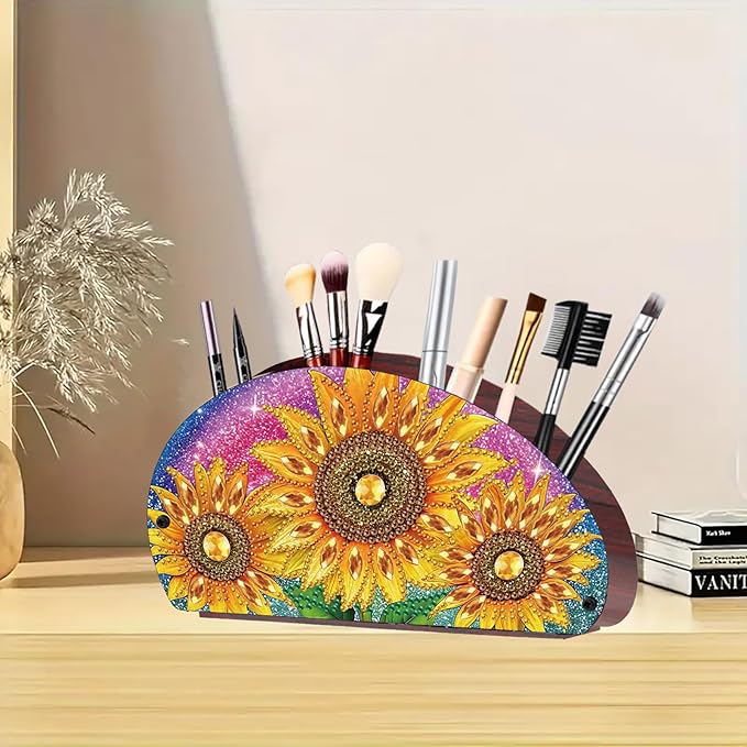 Remote Control Holder with 4 Compartments, DIY Diamond Art Painting Wooden Half Moon TV Control Holder for Remote Controllers, Office Supplies, Makeup Brush, Media Accessories-Sunflowers
