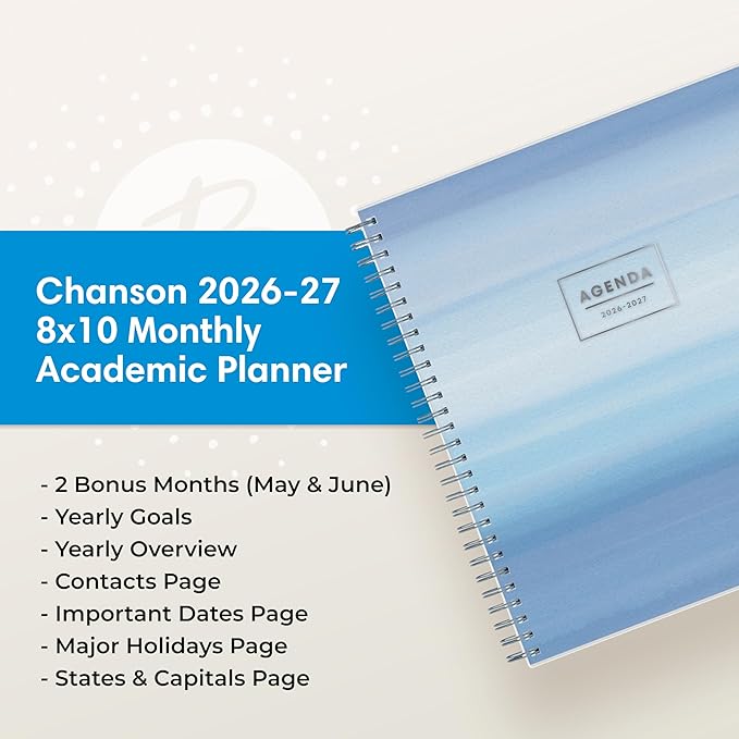 Blue Sky 2026-2027 Monthly Academic Year Planner Calendar, July 2026 - June 2027, 8" x 10", Monthly Layout, Flexible Cover, Laminated Tabs, Wirebound, Chanson