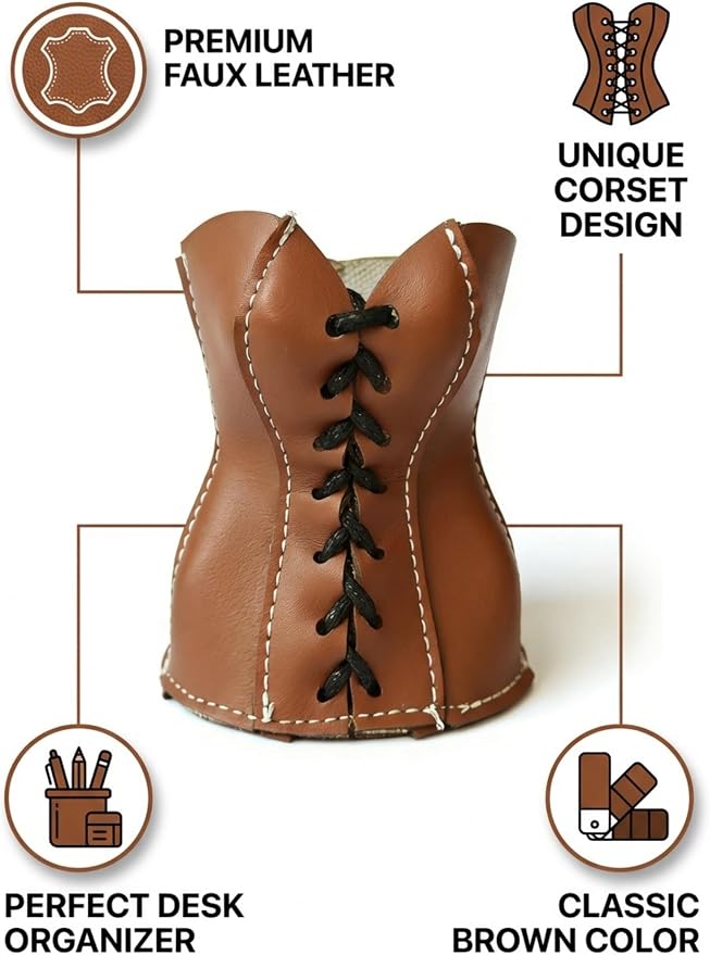 Faux Leather Lace-Up Corset Pencil Holder – Gothic Y2K Desk Pen Cup Makeup Brush Organizer Mini Storage for Home Office, Brown