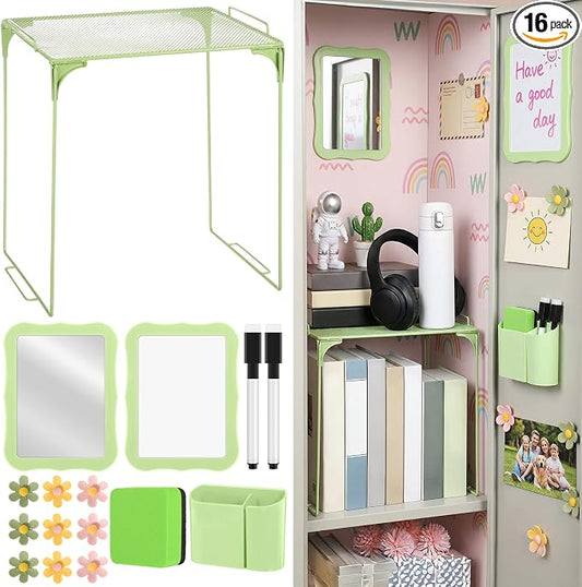 Colarr 16 Pcs Light Green Locker Accessories for Girls Includes Magnetic Whiteboard & Mirror Locker Shelf Pen Holder 2 Dry Erase Marker & Eraser 9 Flowers for Back to School Essentials Decoration