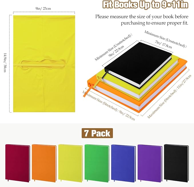 Moko Book Cover, Stretchable Reusable Jumbo Book Cover Protector for Textbook Hardcover Books up to 9 x 11 in, Fabric Books Sox, Back to School Supplies, 7 Pcs