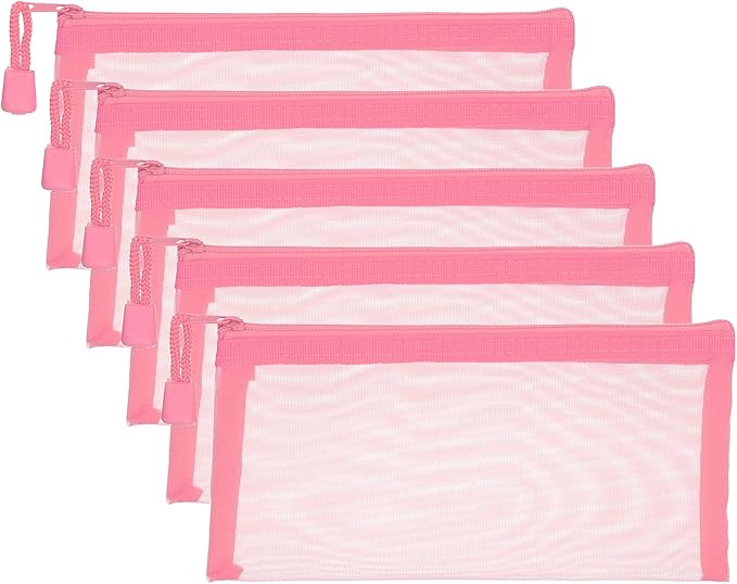 PATIKIL A6 Mesh Zipper Pouch Bags, 5 PCS Mesh Bags with Zipper Plastic Storage Pocket for Organizing File Beads Office Home Supplies, 10x20cm, Pink
