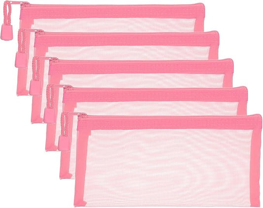 PATIKIL A6 Mesh Zipper Pouch Bags, 5 PCS Mesh Bags with Zipper Plastic Storage Pocket for Organizing File Beads Office Home Supplies, 10x20cm, Pink