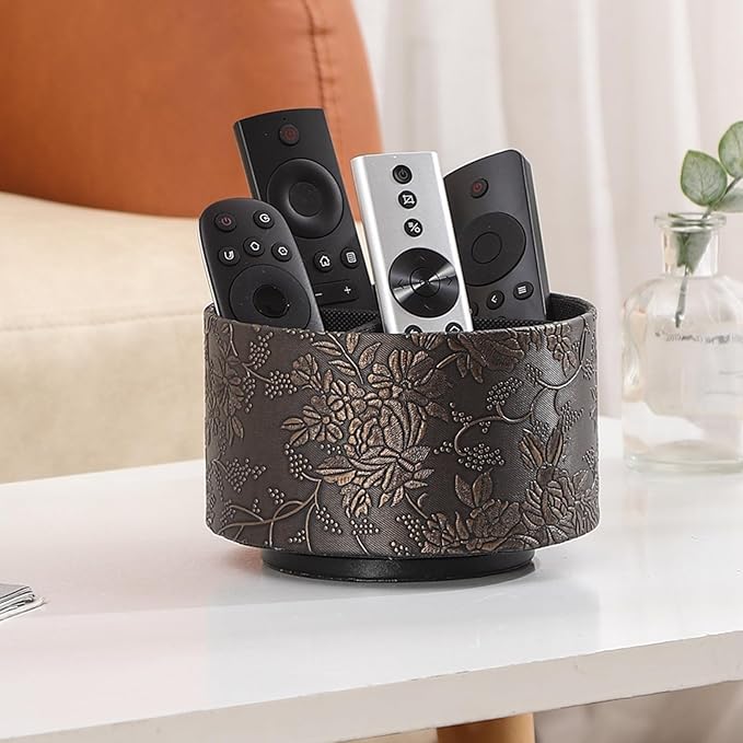 Coffee Table Remote Holder,PU Leather 360 Degree Rotating TV Remote Holder For Table with 4 Compartments, Office Desk Organizer for Pen, Pencil, Stationary, Brown PH97