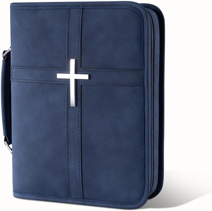 Bible Cover for Men and Women, PU Leather Large Bible Bag with Handle & Shoulder Strap, Bible Carrying Case with Cross Design and Pockets for Church, Bible Study & Christian Gifts, Blue