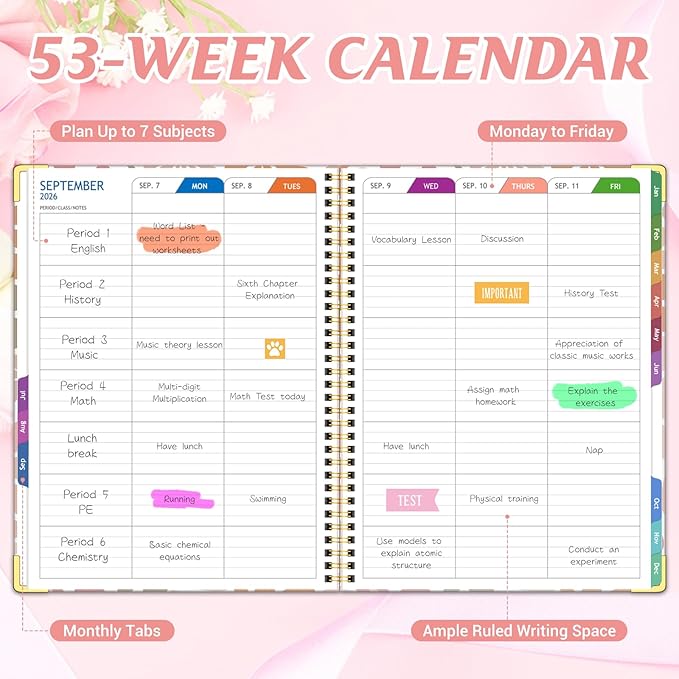 Teacher Planner 2026-2027 Academic Year, Jul.2026 - Jun.2027, 8.5" x 11" Lesson Planner Book for Teachers, Teacher Planners with Colorful Monthly Tabs for Homeschool & Classroom Organization - Pink