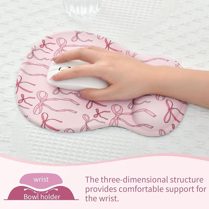 Cute Bow Mouse Pad Wrist Support Wrist Rest, Ergonomic Mouse Pad with Non-Slip Base for Office Gaming Working Computers, Desk Accessories Workspace Organizers,Light Pink Bow Knots