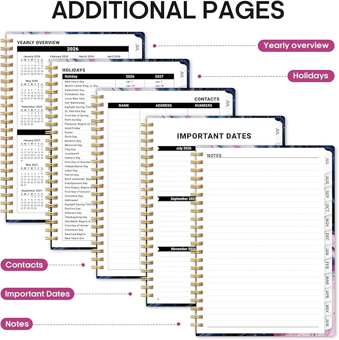 Planner 2026-2027, Academic Year Monthly and Weekly Calendar Planner, Jul 2026 - Jun 2027, Hardcover Teacher Student Planning Agenda book with Tabs, Perfect for School Office Supplies, 6.3" x 8.5" - Pink Vortex