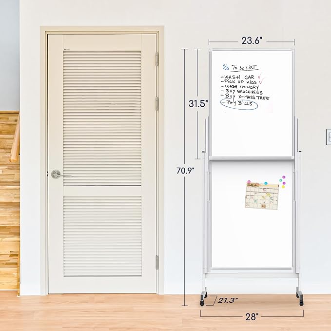 Rolling Whiteboard with Stand, 24x63 Double-Sided Magnetic Dry Erase Board & Cork Board, 4 Writing Surfaces, Adjustable Height Mobile White Board on Wheels for Home, Office, Classroom
