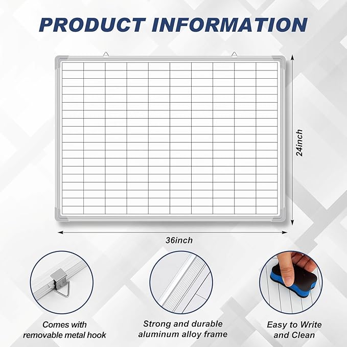 AmazingSpark Lined Whiteboard Blank Grid Aluminum Frame Dry Erase Board Reusable Wall Mounted Board for Scheduling, to Do Lists Weekly Planning Home Work(36 x 24 Inch,Whiteboard with Grid)