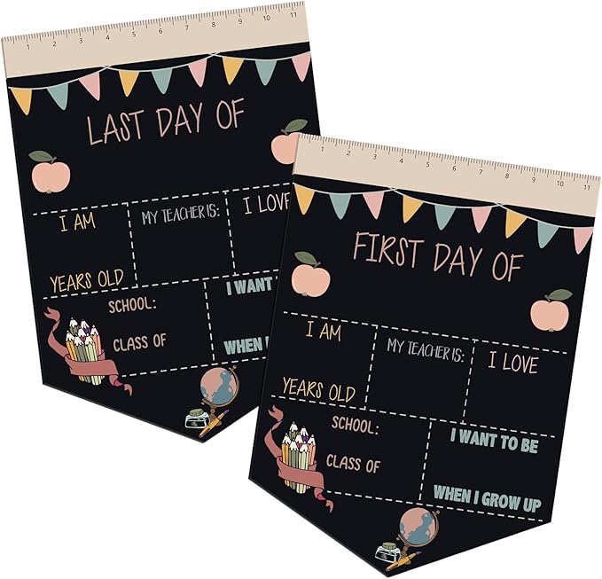 First and Last Day of School Chalkboard Sign 13.8 x 10 Inch Reusable Double Sided First Day of School Sign for Graduation Kids Preschool Kindergarten (Flags Pastel Style)