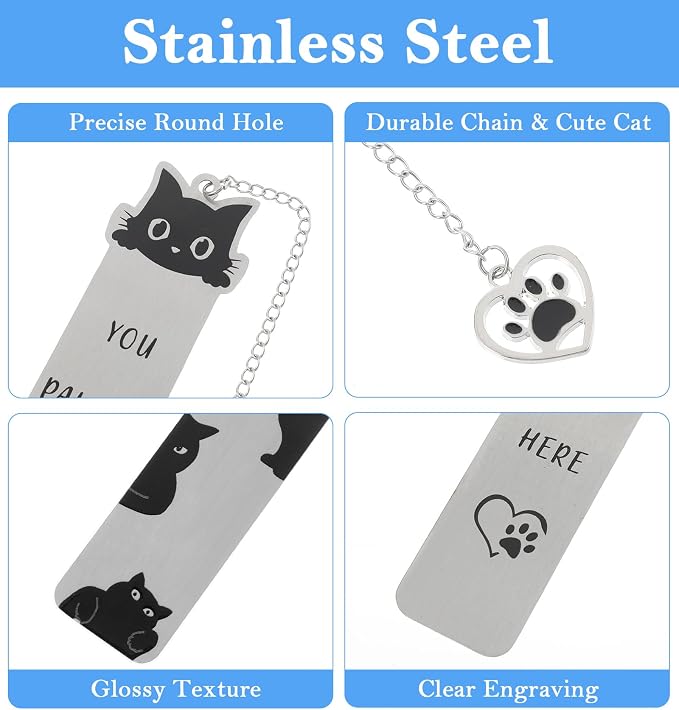 Cat Bookmarks, 2 Pcs Stainless Steel Black Cat Bookmark for Women, Men, Kids, You Paused Here Cute Book Marks for Book Lovers, Birthday, (Silver & Black)