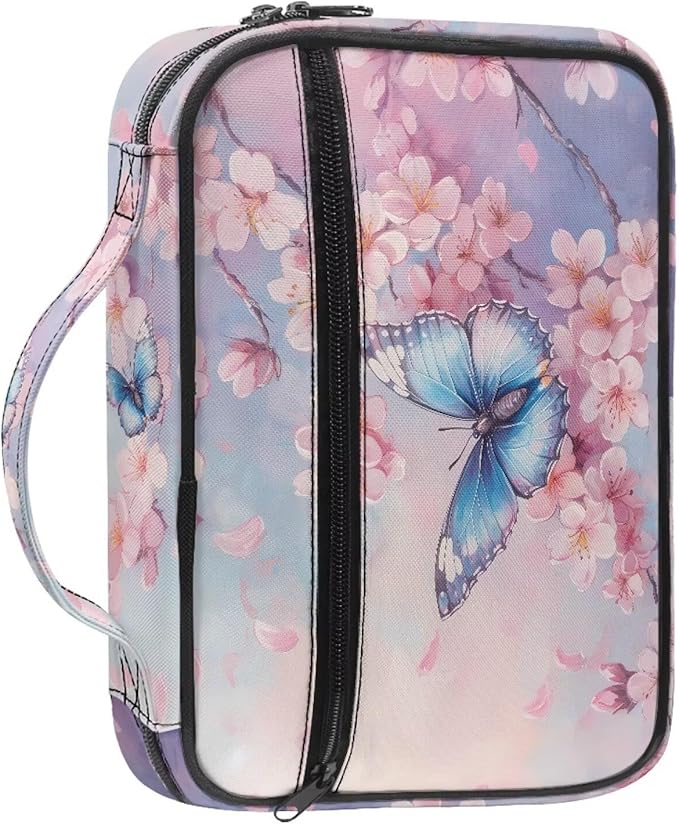 Butterfly Pink Blossom Print Bible Covers for Women Men Zippered Bible Carrying Case Bible Carrier Book Bag Church Bag Bible Protective with Handles