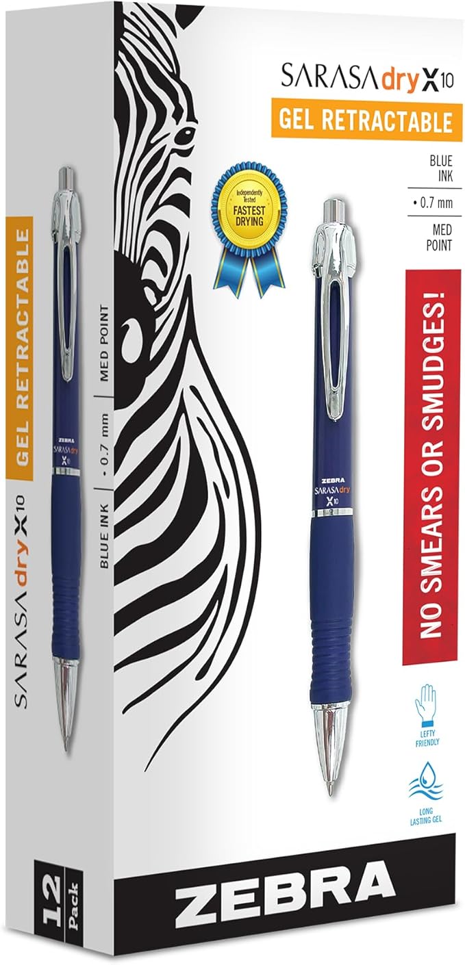 Zebra Pen, SARASA Dry X10 Gel Pen, 0.7mm Point, Blue Ink, Rapid Dry Technology, Wide Comfort Barrel, Smooth Writing, Smear-Resistant, Left-Hand Friendly, 12-Pack, (42620)