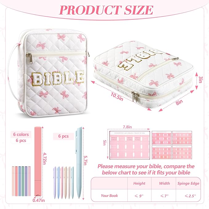 Sinload Quilted Bible Cover Case for Women Large Carrying Bag with Organizer Tabs 6 Colored Pens 6 Highlighters Book Tote Bags with Handle Bible Carry Supplies Christian Gifts(Cute Bow)