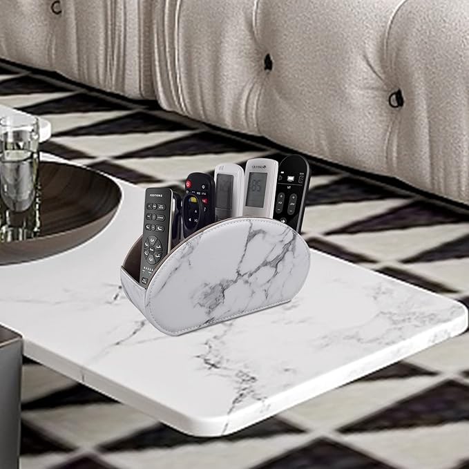 Leather Remote Control Holder with 5 Compartments TV Remote Caddy Store Box,Desktop Organizer for Controller, Glasses and Media Player,Pen Storage (White)