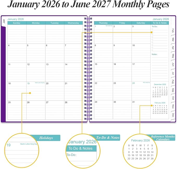 2026-2027 Monthly Planner - 15 Monthly Calendar, April 2026 - June 2027, Two Pages Per Month, 9" x11" Planner with Tabs, Strong Twin-Wire Binding, Inner Pocket, Purple