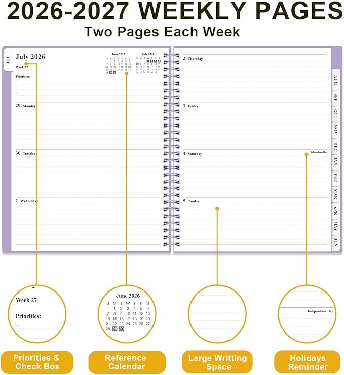 Planner 2026-2027 - Academic Planner from July 2026 to June 2027, Weekly & Monthly Planners Spiral Bound with 12-Month Tabs, Inner Pocket, 8.5" x 11", Purple