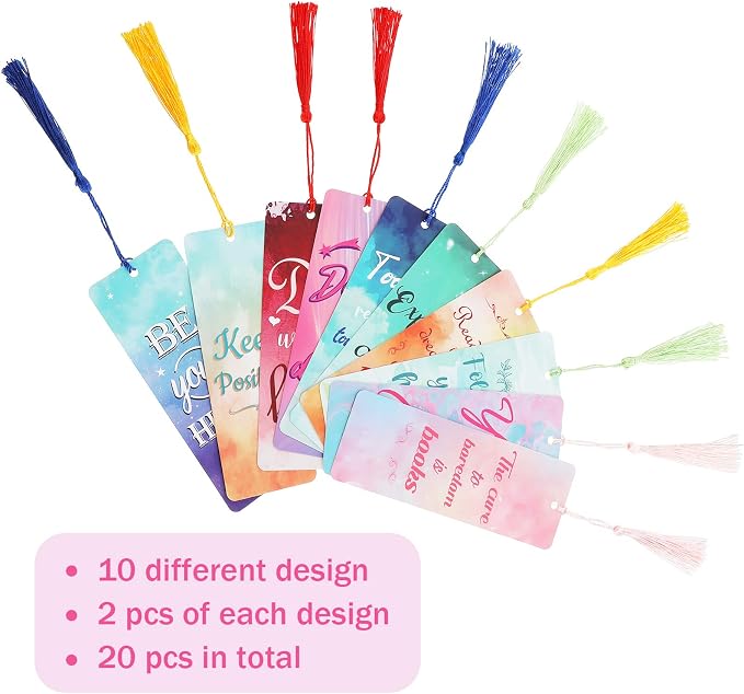 20 Pieces Inspirational Quote Bookmark with Tassel Motivational Bookmarks Positive Page Marker for School Office Students Bookworm Presents, 10 Designs