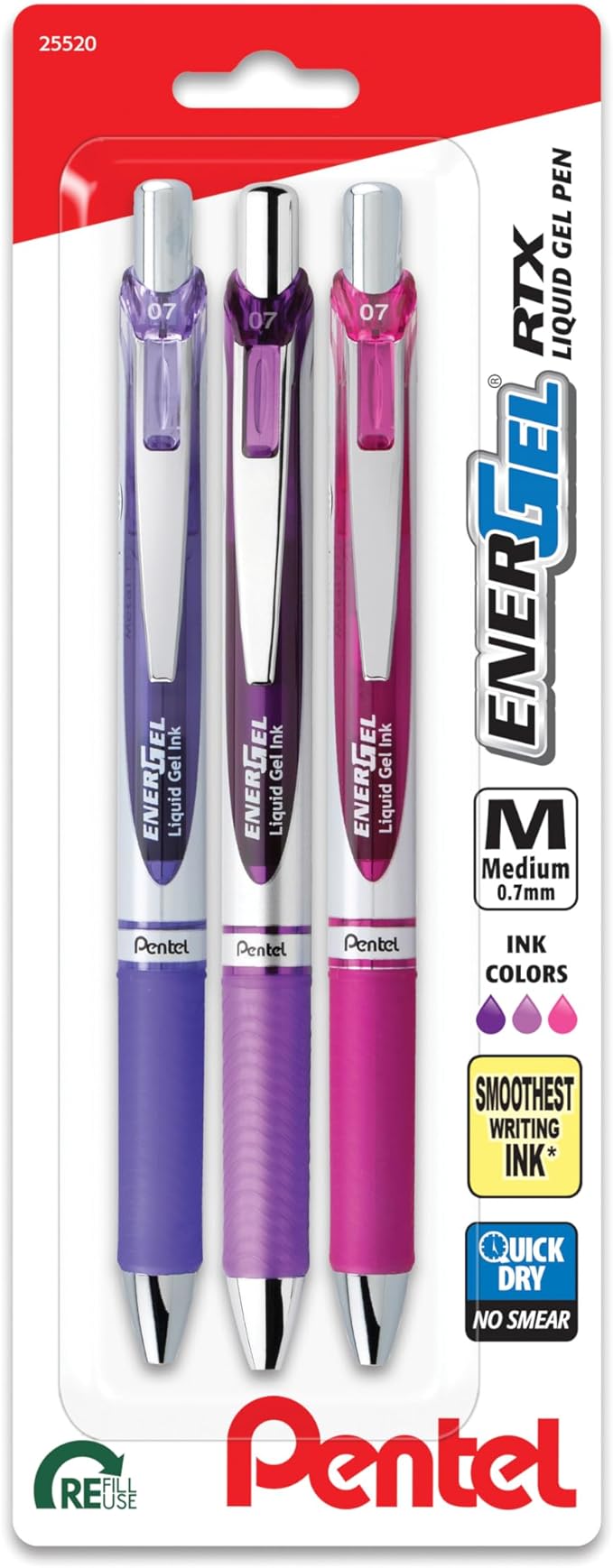 Pentel EnerGel RTX Retractable Liquid Gel Pen, Passion Hue, 0.7mm, Assorted Violet Ink Pack of 3 Pens (BL77PASBP3M)