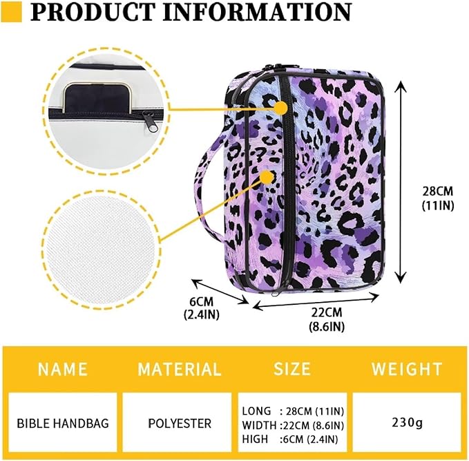 Classic Leopard Bible Covers for Women Men Zippered Bible Carrier Book Bag Church Bag Bible Protective with Handles Christian Gifts, Purple Animal Cheetah Print
