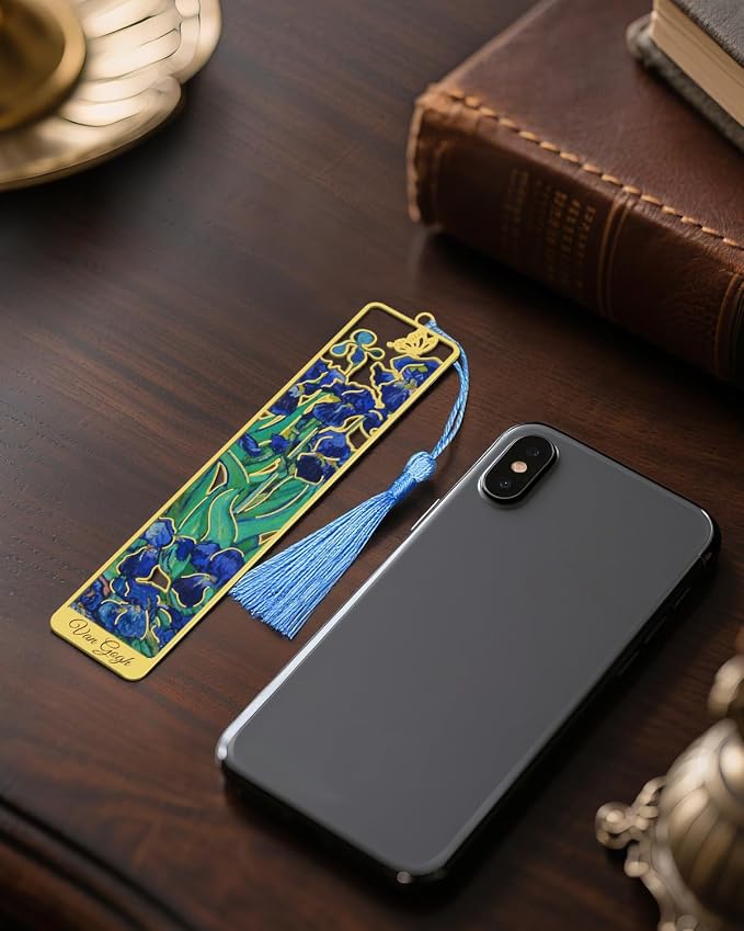 6 Pieces Metal Bookmarks with Tassel, Golden Hollow Bookmark Oil Painting Van Gogh Monet Theme Book Mark Bookmarks for Book Lovers Writers Readers Children Teens Men Women Adults