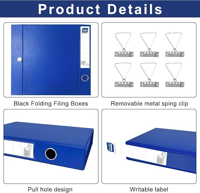 Storage File Boxes A4, 6 Pack Foldable File Box with Clip, 50mm Spine, Plastic Archives Cases with Magnetic Closure, Document File Folder Organizer Storage Filing Box for Office School, Blue