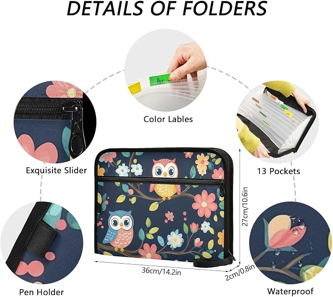 Colorful Owls Expanding File Folder with Sticky Labels, 13 Pockets Accordion File Folder Document Organizer Expandable Zip File Folder with Zipper Closure