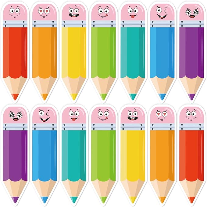 AnyDesign 49 Pcs Colorful Pencil Cut-Outs Back to School Cutouts Bulletin Board Decor with 100 Pcs Glue Points Pencil Name Tag Label for DIY Classroom Kindergarten First Day of School Decor