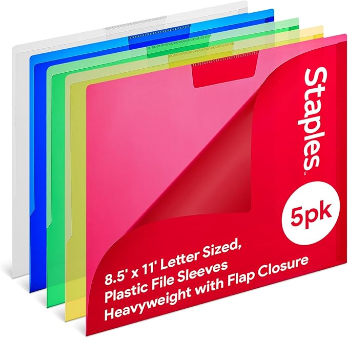 Staples Poly Project Jackets, Clear‑Front Document Sleeves, Letter Size, Durable Poly Construction, Assorted Colors – 5/Pack