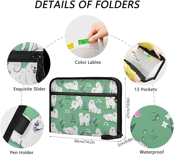 13 Pockets Expanding File Folder Samoyed Dogs on A Green Meadow with Sticky Labels Accordion File Folder Document Organizer Letter Size A4 Papers Expandable File Keeper