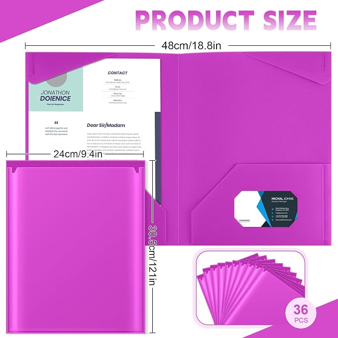 Henoyso 36 Pack Fluorescent Purple Plastic Folders with Clear Front Pockets Heavy Duty File Folders with 2 Pockets and Card Slot for Student Communication School Office Presentation Report